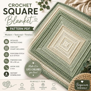 Peut inclure: Une couverture carrée au crochet avec des bandes alternées de fil vert sauge et crème, présentant des textures en point pop-corn et point en V. Le texte indique CROCHET SQUARE Blanket PATTERN PDF, 90 x 90 cm, crochet 3 mm et Beginner Friendly.