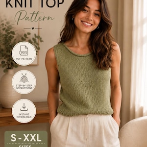 Peut inclure: Une femme porte un haut en tricot vert et un pantalon crème. L'image comprend le texte « KNIT TOP Pattern » et des détails sur un modèle PDF, des instructions étape par étape et un téléchargement instantané. Les tailles disponibles sont S-XXL.