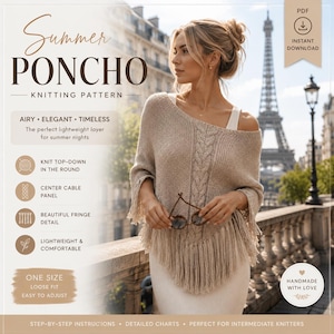 Summer Poncho Knitting Pattern PDF | Top Down Poncho | Cable Knit Wrap | Fringe Poncho Pattern Boho Shawl | Seamless Knit | Instant Download