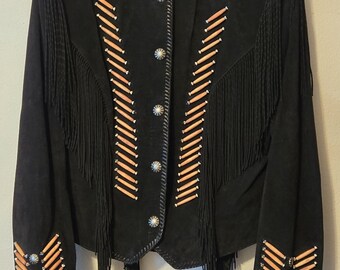 RARE! Vintage Cripple Creek Black Suede Jacket, Rolled Fringe and Genuine Bone Beading
