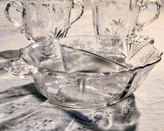 Fostoria Etched Crystal "Chintz" 3 Piece Set!! Relish Dish, Sugar & Creamer