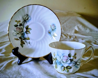 1960's Royal Kendall Bone China Teacup Saucer, Light Blue Pink Roses Made England