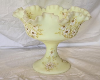 Vintage 1976 Fenton Handpainted Floral Custard Glass Ruffled Pedestal Bowl
