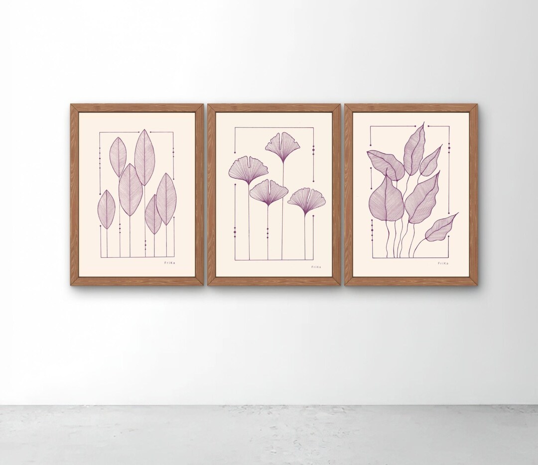 Set of 3 Minimalist Botanical Wall Art | Leaf Line Art Prints ...