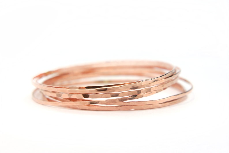 Rose gold hammered bangles, simple dainty stacking bangles, 14k gold filled bracelets set of 2, Last minute gift idea for her image 1