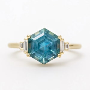 3CT Natural Montana Sapphire Ethical Engagement Ring Baguette Diamond Hexagon Ring for Her Wedding Present Anniversary Gift