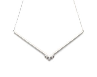 Thin white gold diamond V necklace, delicate collarbone choker, 14k white gold, 1mm round cable chain, handmade designer fine jewelry