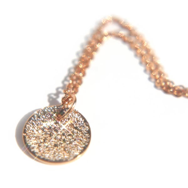 14k rose gold dainty diamond texture necklace. Delicate, simple, tiny rose gold chain pendant necklace, gift for her