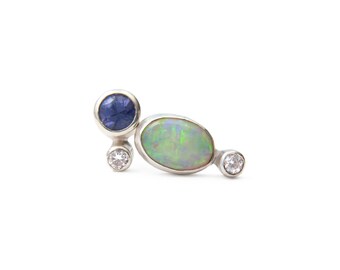 Diamond opal white gold stud earrings, 14k gold mismatch pair, asymmetric or matching pair, everyday earrings
