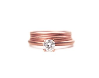 Rose gold simple engagement ring, 14k eco friendly white sapphire or diamond, bridal set of stacking simple thin bands