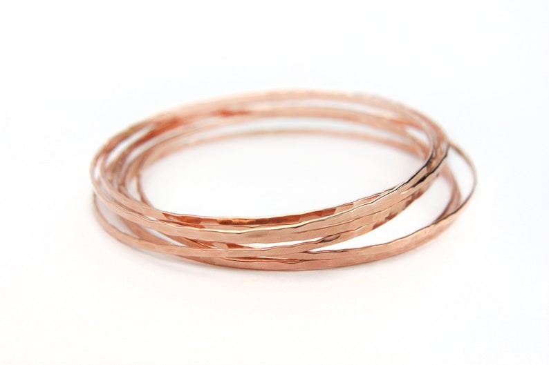 Rose gold hammered bangles, simple dainty stacking bangles, 14k gold filled bracelets set of 2, Last minute gift idea for her image 2