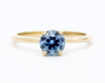 Montana Sapphire Engagement Ring Round Blue Sapphire 1CT 14K Gold Unique Cathedral Sides Delicate Yellow Gold Ring Bridal Anniversary Gift