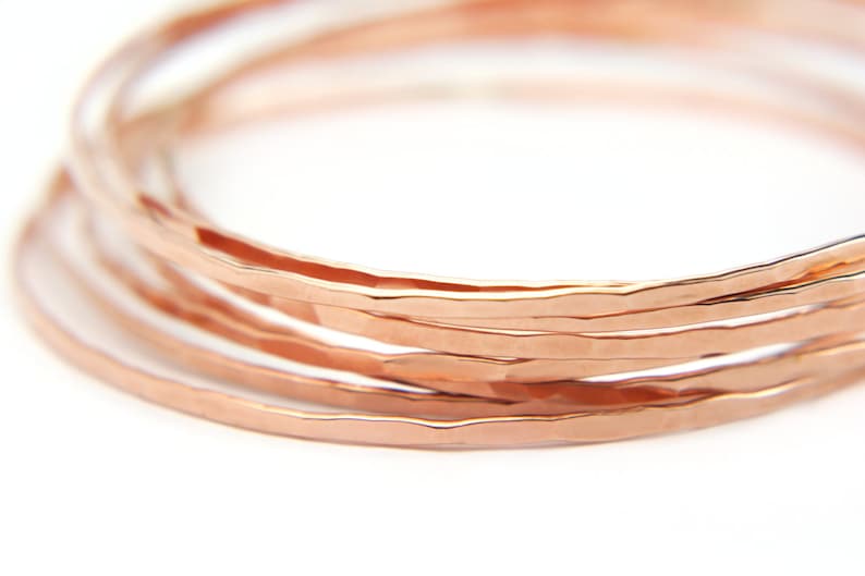 Rose gold hammered bangles, simple dainty stacking bangles, 14k gold filled bracelets set of 2, Last minute gift idea for her image 3