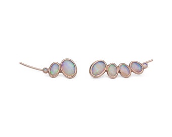 Opal ear climber in 14k gold, feminine, earrings, pair of asymmetric or matching ear climbers for everyday or wedding jewelry