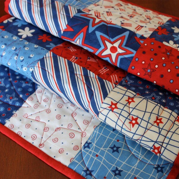 Patriotic Quilted Table Runner Americana Stars and Stripes Red White Blue