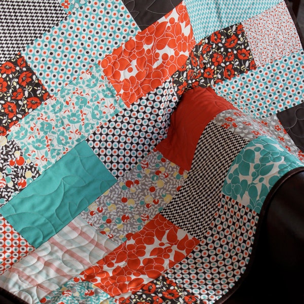 Orange, Brown, and Aqua Baby Girl Crib Blanket or Quilt Hello Betty