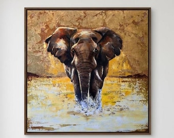 Słoń spacerujący po wodzie. Teksturowany obraz sztuki afrykańskiej przyrody.