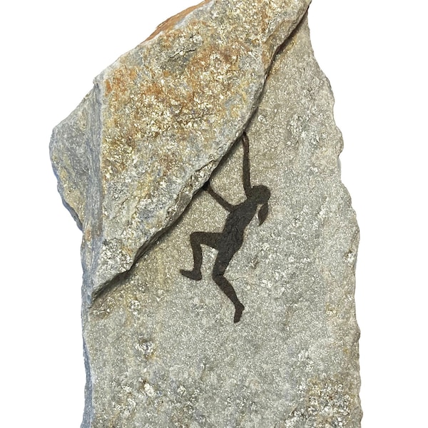 Climber primitive art painting on hanging stone