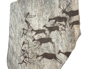 Hunting Scene from Cova Dels Cavalls, Valltorta, Spain, Primitive Painting on Hanging Stone
