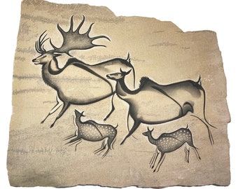 Chauvet cave style Giant Deer family painting on stone