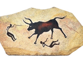 Bull Hunters cave art painting on hanging stone