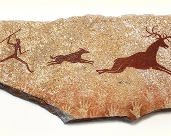 Deer Chase primitive painting on stone