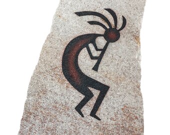 Kokopelli primitive art painting on hanging stone