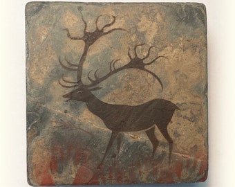 Wooden Box with Handpainted Lascaux Deer Stone Tile Top