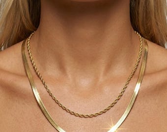 Layered Gold Necklace Set, Rope Herringbone Chains, Waterproof Non-Tarnish Jewelry