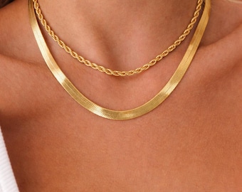 Layered Gold Necklace Set, Rope Herringbone Chains, Waterproof Non-Tarnish Jewelry