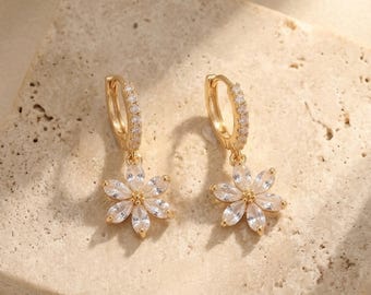 Gold Flower Huggie Earrings | Dainty Floral Drop Hoops | Everyday Earrings
