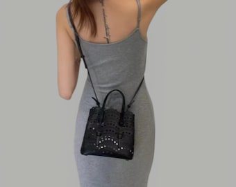 Handmade Genuine Leather Laser Cut Tote Bag, Scallop Edge Crossbody Purse, Floral Perforated Luxury Handbag, Small Satchel with Shoulder