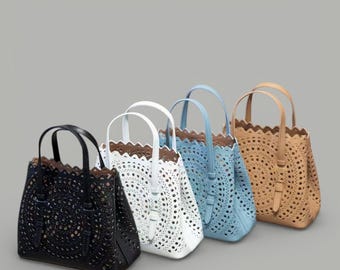 Elegant Laser Cut Leather Tote Bag for Women Luxury Floral Hollow Out Handbag Chic Scalloped Edge Purse Summer Satchel Gift for Her