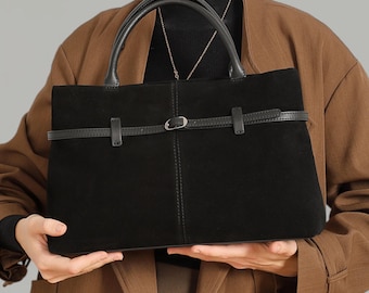 Suede Leather Tote Bag for Women Handmade Shoulder Bag Minimalist Everyday Satchel Quiet Luxury Top Handle Purse Large Work Bag Gift for Her