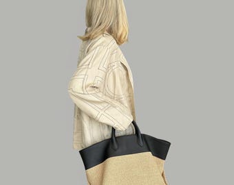 Large Raffia & Cow Leather Tote Bag Woven Top Handle Handbag