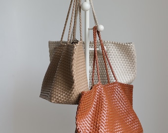 Hand Woven Leather Tote Bag Genuine Leather Women Shoulder Bag Large Luxury Woven Handbag Minimalist Summer Travel Bag Daily Boho Hobo Bag