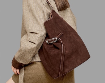 Suede Leather Shoulder Bag Soft Slouchy Handbag for Women