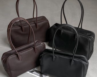 Minimalist Leather Handbag Large Shoulder Bag Soft Leather Tote Luxury Bowling Bag Everyday Purse Gift For Her Chic Hobo Bag Trendy Satchel