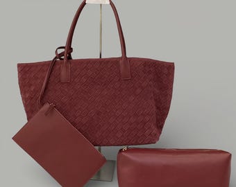 Large Woven Leather Tote Bag Genuine Suede Handwoven Shoulder Bag Luxury Oversized Soft Leather Shopper Elegant Woven Purse Everyday HoboBag