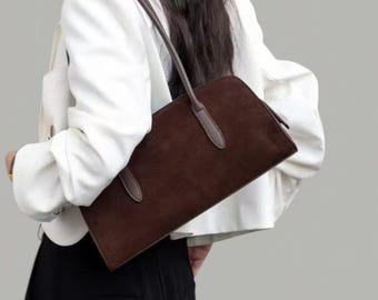 Suede Shoulder Bag, Suede Tote Bag for Women, Minimalist Suede Handbag, Underarm Bag, Boho Suede Purse, Gift for Her, Suede Hobo Bag