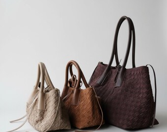 Small & Large Suede Tote Bag Woven Leather Tote, Genuine Suede Handbag for Women