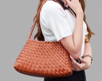 Retro Woven Cowhide Leather Shoulder Bag Soft Handmade Handbag, Gift for Her