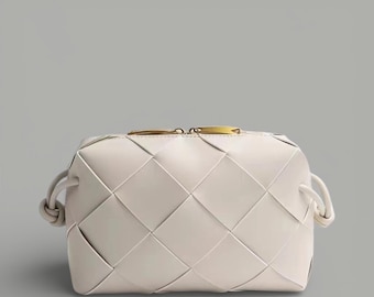 Woven Leather Crossbody Bag Genuine Leather Cassette Bag Handwoven Shoulder Purse Luxury Women Handbag Small Square Evening Bag Braided
