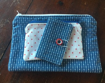 Blue Valentine- Purse/Handbag Organizer Set - 1 Cosmetic/Pencil Case, 1 Coin Purse, 1 Mini-Wallet/Card Holder