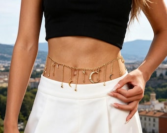 Cadena para el vientre Celestial Moon Star Gold, delicada cadena ajustable para la cintura, joyería corporal estilo boho para festivales y playa para mujeres.