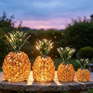 Peut inclure: Quatre figurines décoratives en forme d'ananas, fabriquées en verre ambré à facettes avec des feuilles en verre vert. Les ananas sont disposés en rangée du plus grand au plus petit, chacun présentant une surface texturée à facettes.