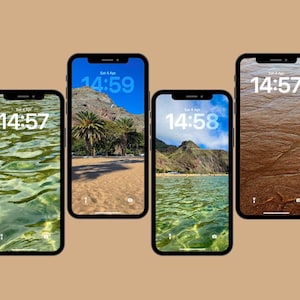 May include: Four smartphones with black bezels and screens displaying different nature scenes. The screens show a beach, ocean water, and sand. Each screen displays the date and time, with the time varying between 14:57 and 14:59.