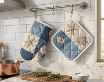 Juego de manopla y agarradera para horno con diseño costero, decoración de cocina con conchas marinas y estrellas de mar, regalo de inauguración para casa de playa, guante de horno acolchado náutico.