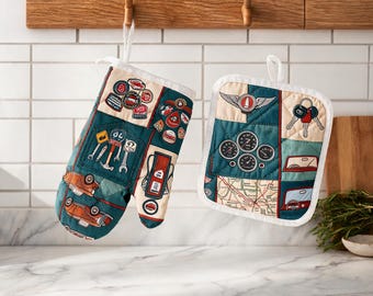 Vintage Küche Ofen Handschuh & Topflappen Set, hitzebeständige Kochhandschuhe, Retro Küche Dekor, Housewarming Geschenk, Back Geschenk für Mama