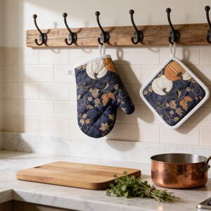 Juego de regalo de cocina con calabazas: guante de horno y agarradera, decoración de cocina otoñal, regalo de otoño, accesorios de cocina para inauguración de casa.